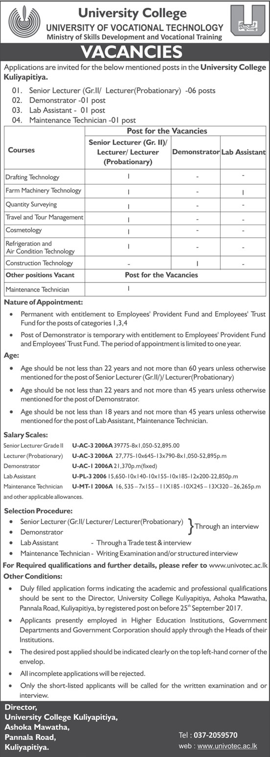 Senior Lecturer, Demonstrator, Lab Assistant, Maintenance Technician - University of Vocational Technology